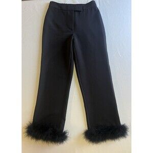 AQUA Woman’s Black High Rise Crop Pants Sz XS Fur Feather Hem Relaxed Ankle Chic